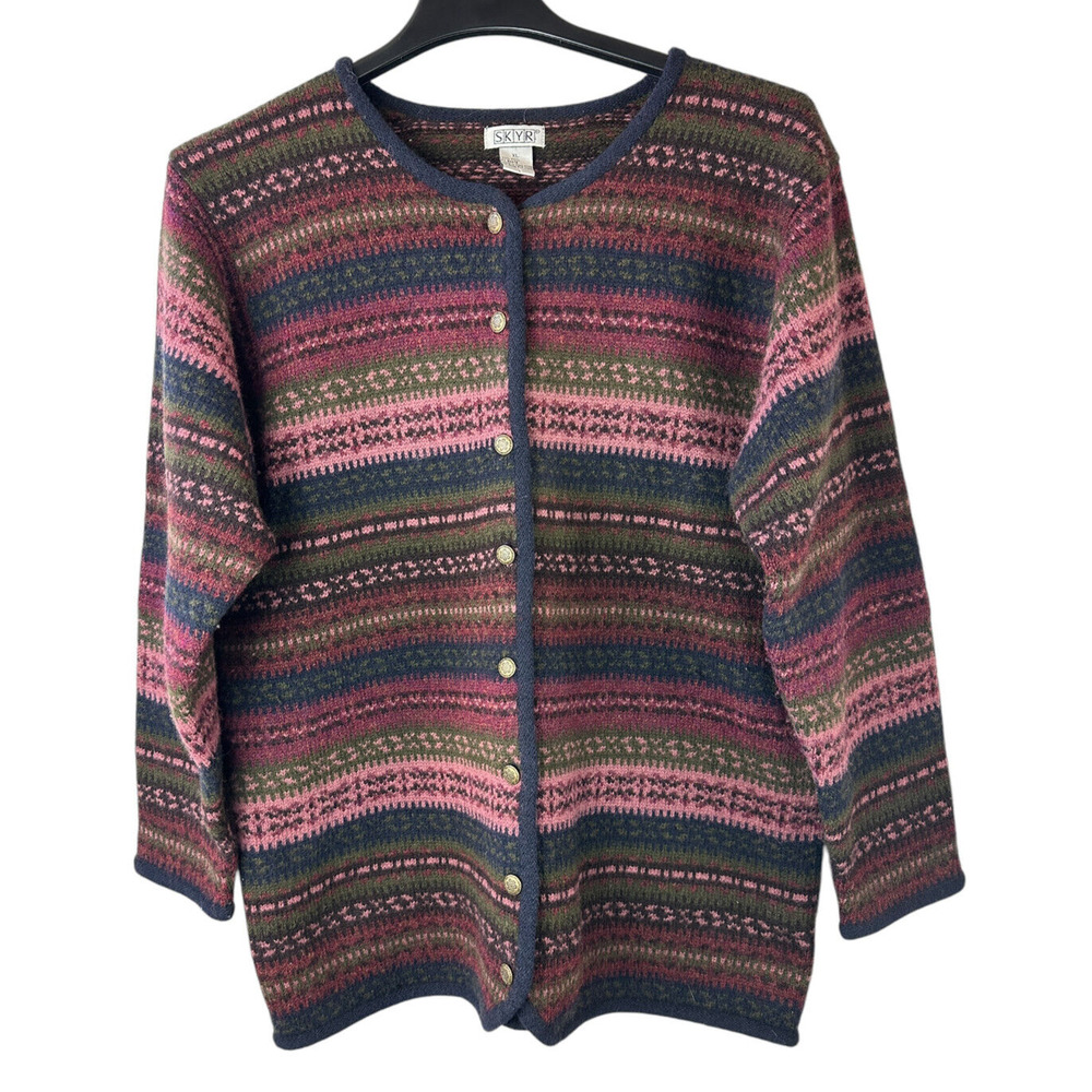 SKYR Vintage 100% Wool Cardigan Sweater Aztec Nordic Fair Isle Long Button Up XL - Picture 7 of 12